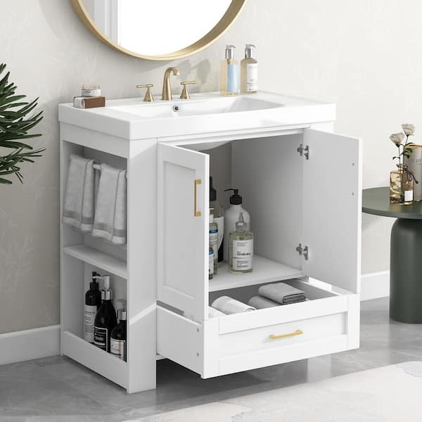 Magic Home 30 in. x 18 in. x 32 in. Modern Storage Bathroom Cabinet Freestanding Vanity with Gel Sink, 2-Sided Storage Shelf, White