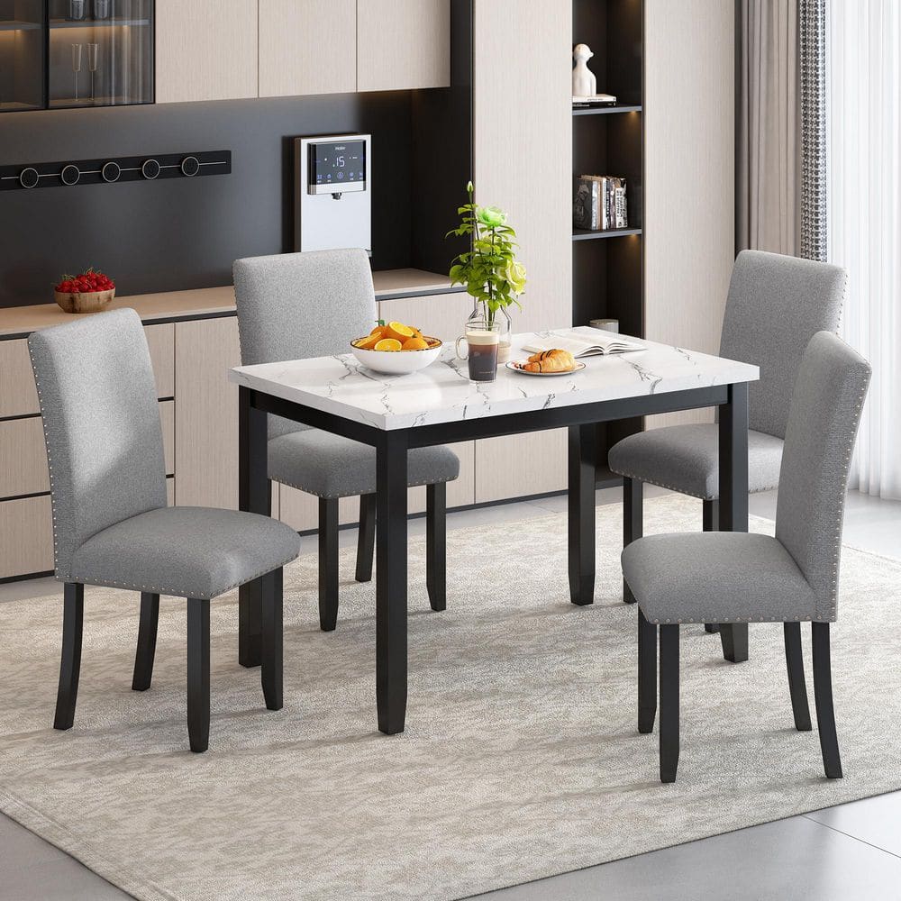 Modern 5-Piece White and Black Wood Marble Dining Table Set Kitchen Dining 