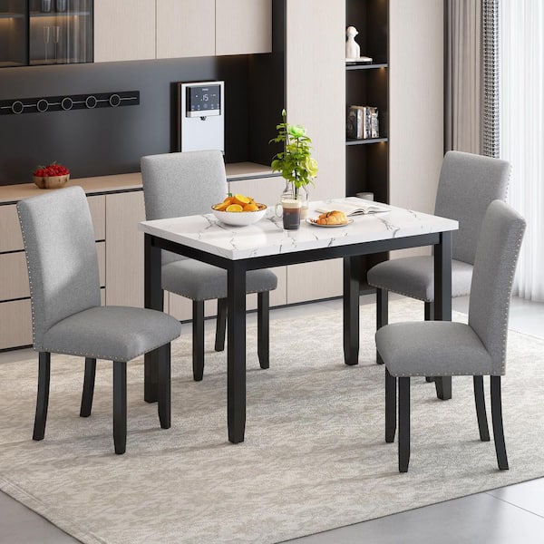 Unbranded Modern 5-Piece White and Black Wood Marble Dining Table Set Kitchen Dining Set with 4 Light Gray Upholstered Chairs