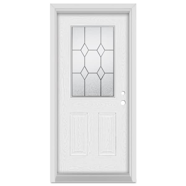 32 in. x 80 in. Geometric Left-Hand 1/2 Lite Patina Finished Fiberglass Oak Woodgrain Prehung Front Door