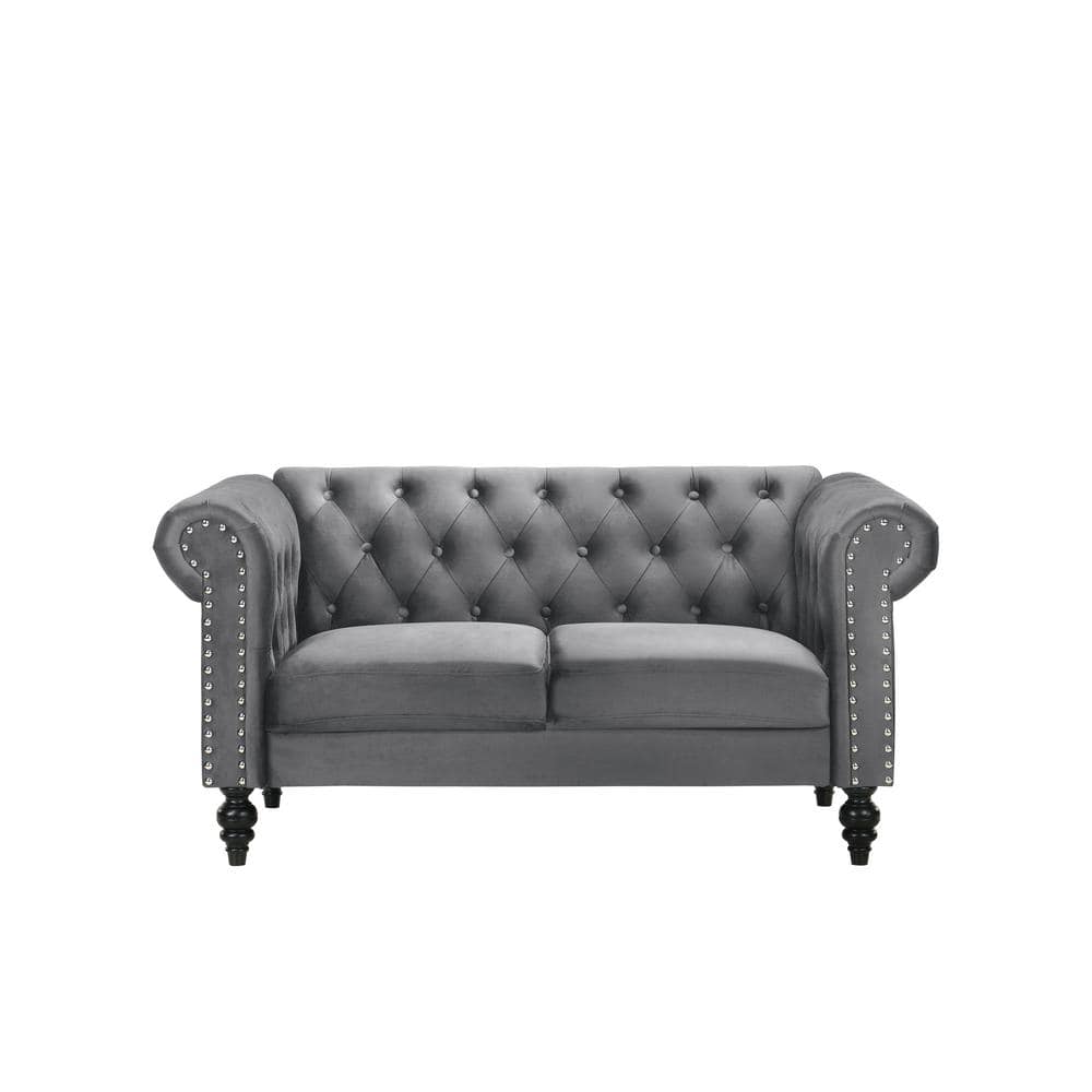 Emma Gray Velvet Chesterfield Loveseat and Sofa Set with Crystal Buttons
