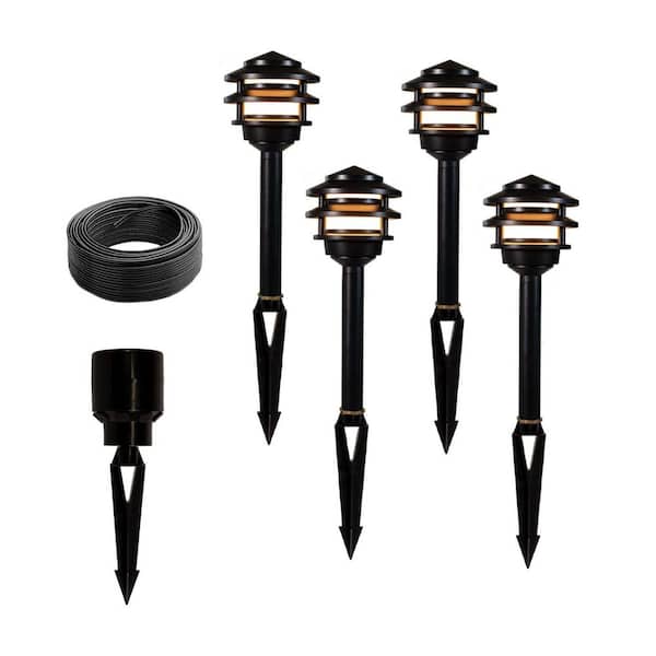 Low Voltage Black Hardwired Brass Pagoda Path Light with LED Bulb (4-Pack)