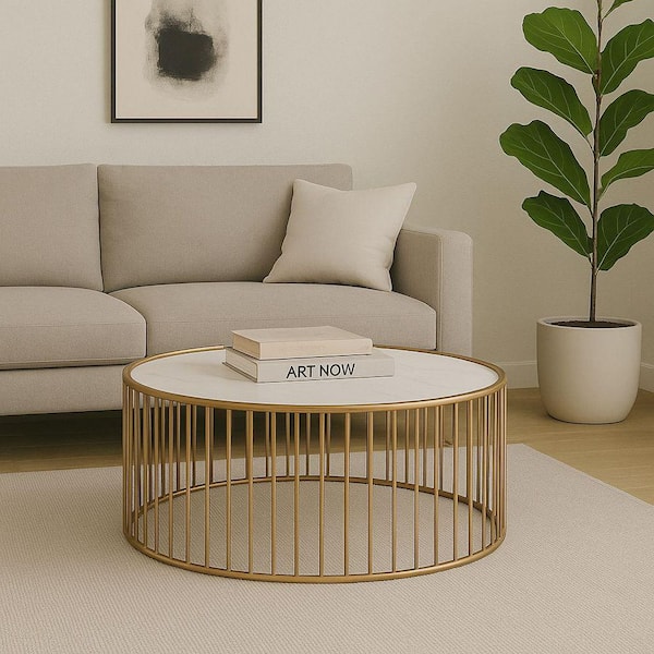 Eleanor Modern 37 in. White Round Faux Marble Coffee Table