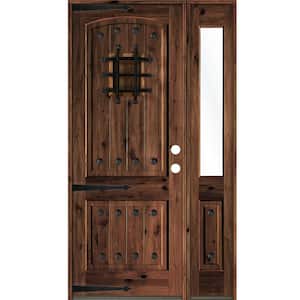 56 in. x 96 in. Medit. Knotty Alder Left-Hand/Inswing Clear Glass Red Mahogany Stain Wood Prehung Front Door w/RHSL