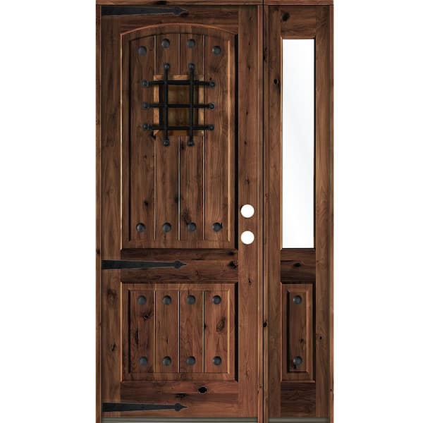 Krosswood Doors 62 in. x 96 in. Medit. Knotty Alder Left-Hand/Inswing Clear Glass Red Mahogany Stain Wood Prehung Front Door w/RHSL