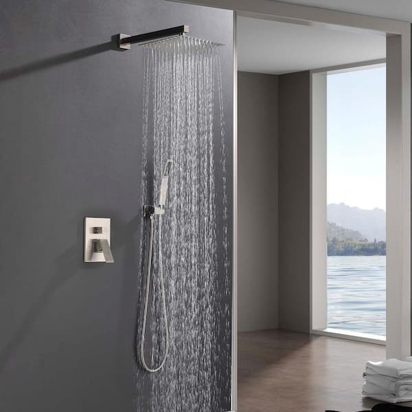1-Spray Patterns with 1.5 GPM 10 in. Bathroom Wall Mount Square Dual Shower Heads in Brushed Nickel