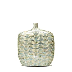13 in. High Palawan Teardrops Lacquered Blue and Beige Jug Vase - Mother Of Pearl/Resin