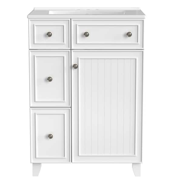 24 in. W x 18.3 in. D x 34.3 in. H Single Sink Bath Vanity in White with White Ceramic Top, 2-Drawers and Silver Handles