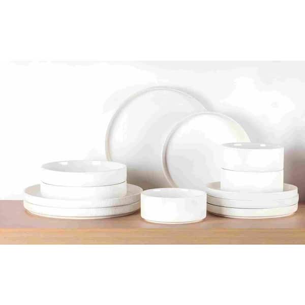 12-Piece Bright White Modern Ceramic Kitchen Dinnerware Sets with Plates and Bowls (Service for 4)