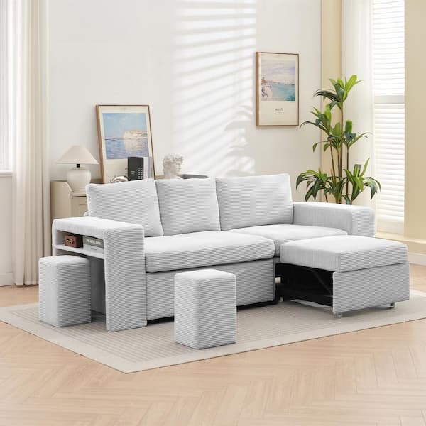 90.94 in. Grey Corduroy Upholstered L-Shaped Sleeper Sectional Sofa with Storage and Removable Ottomans for Living Room