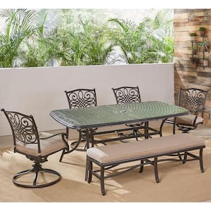 Traditions 6-Piece Aluminum Outdoor Dining Set with 4 Swivel Rockers, Cushioned Bench and Tan Cushions