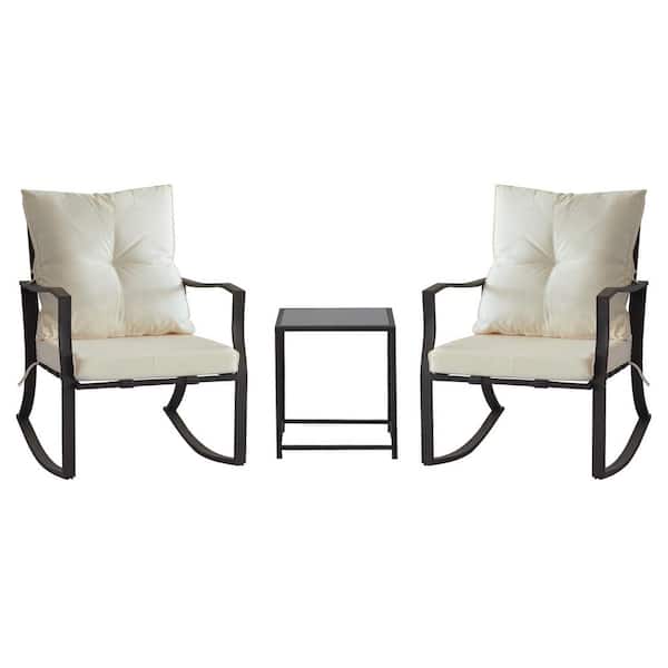 Tenleaf 3-Piece Black Metal Patio Conversation Set with Beige Cushions with Glass Coffee Table