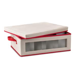 25 Qt. Ivory and Red Non-Woven Coffee Mug Storage Box 12 Slots with Lid and Window