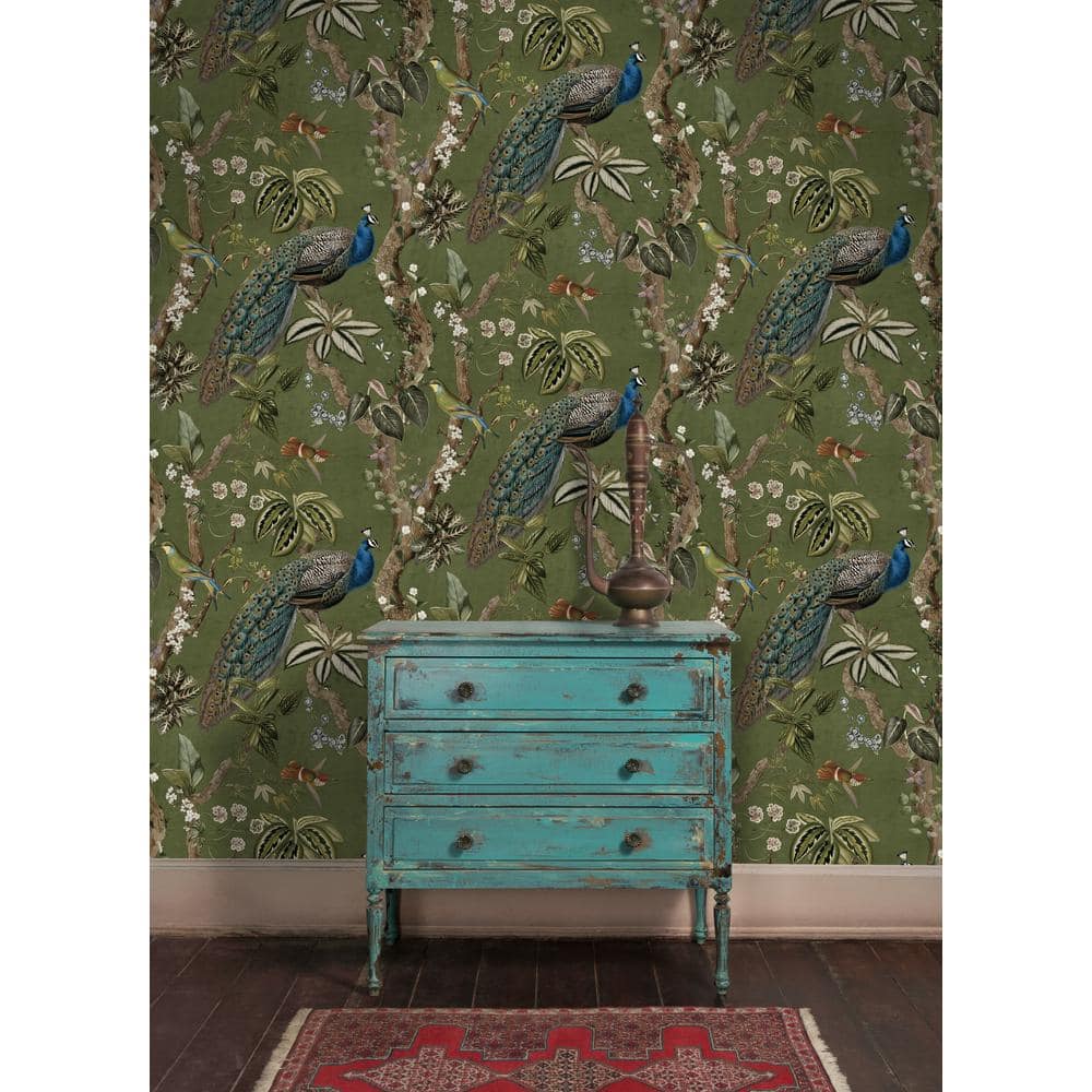 Cassia Peacock Green Non-Woven Botanical Wallpaper