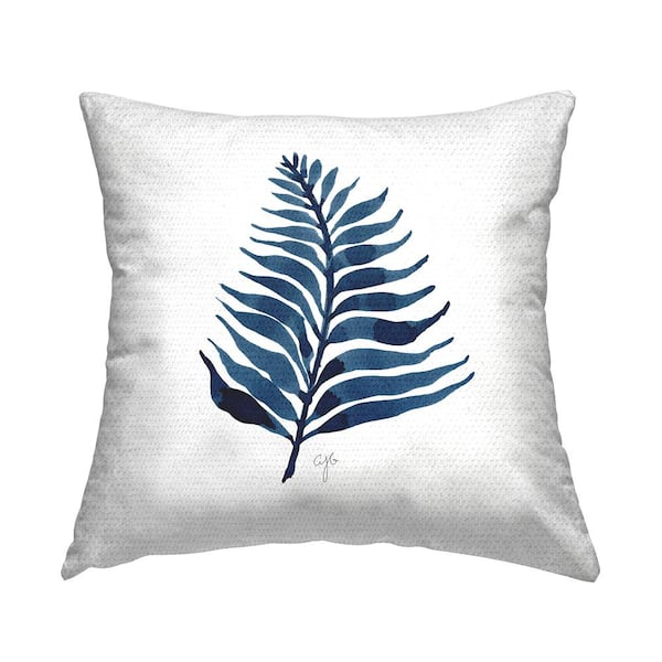 Minimal Blue Fern Leaf White Square Outdoor Throw Pillow