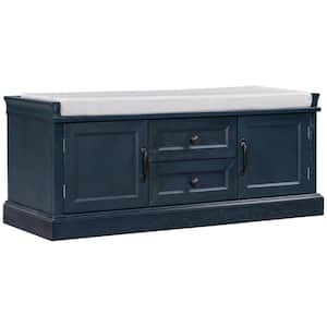 Deel18 in. H x 16in. W Antique Navy Wood Rectangle Shoe Storage Bench with 2 drawers，2 cabinet and Removable Cushion