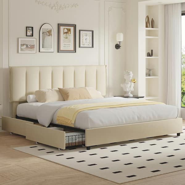 Upholstered Bed Frame, Beige Metal Frame King Platform Bed with 4-Storage Drawers and Adjustable Headboard Bed Frame