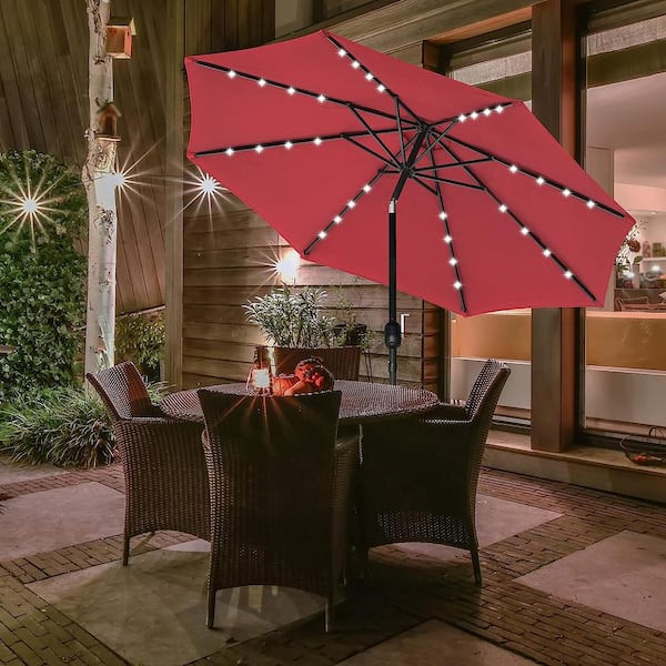 FASHION FINESSE LLC 9 ft. Market Solar LED Lighted Push Button Tilt/Crank Patio Umbrella w/UV-Resistant Fabric in Red