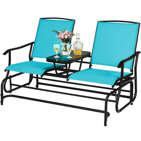 CASAINC Turquoise 2-Person Metal Double Rocking Outdoor Patio Loveseat