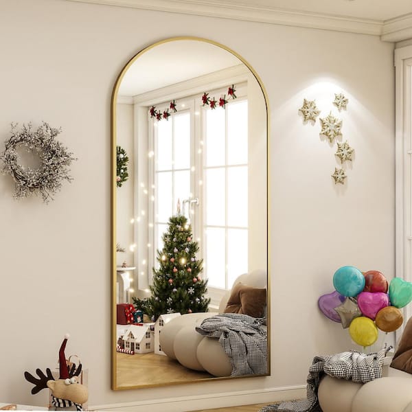 XRAMFY 30 in. W x 71 in. H Arched Classic Gold Aluminum Alloy Framed Oversized Full Length Mirror Floor Mirror