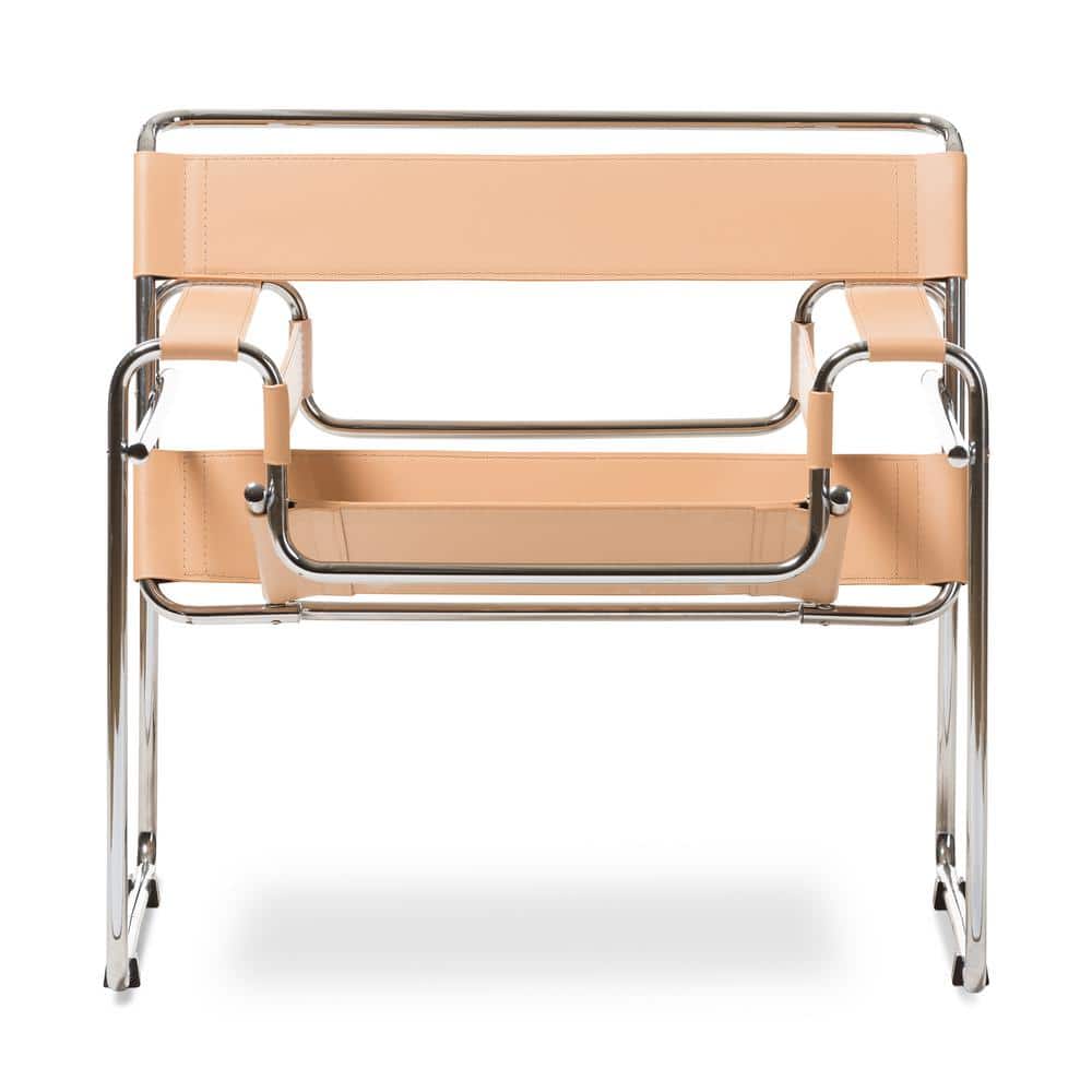 Mid-Century Tan Leather and Chrome Metal Accent Chair