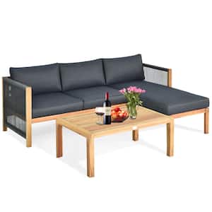 Black 3-Piece Acacia Wood Patio Conversation Set Sofa with Dark Grey Cushions
