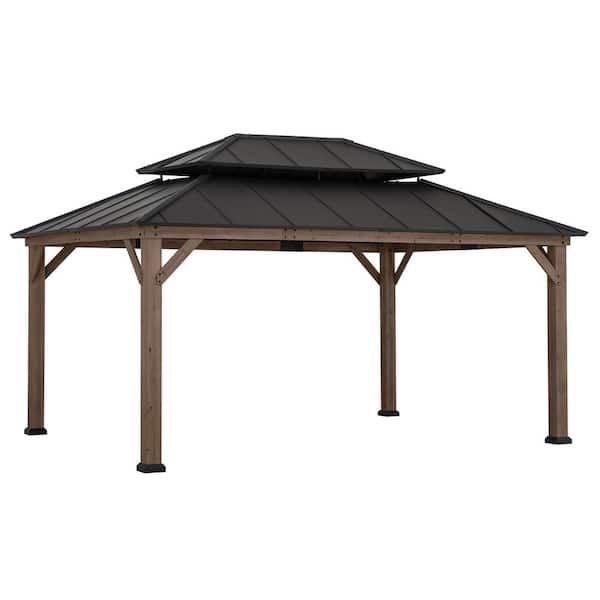 Sunjoy 12 ft. x 16 ft. Dark Brown Cedar Frame Gazebo with Double Tier Steel Roof, Netting and Ceiling Hook for Patio and Lawn