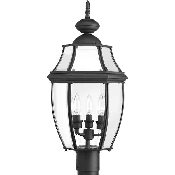 Progress Lighting New Haven Collection 3-Light Textured Black Clear Beveled Glass New Traditional Outdoor Post Lantern Light