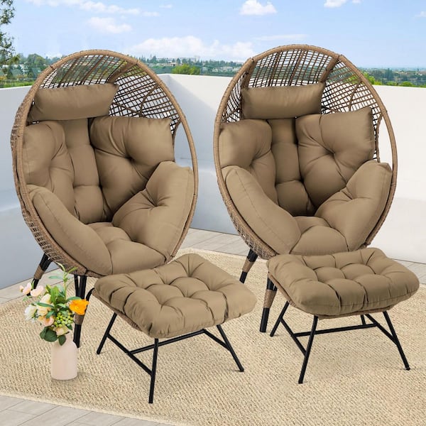 2-Piece Patio Furniture Wicker Outdoor Lounge Egg Chairs with Ottomans and Brown Cushion for Garden