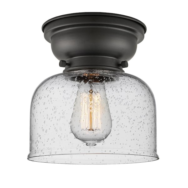 Innovations Bell 8 in. 1-Light Matte Black, Seedy Flush Mount with Seedy Glass Shade