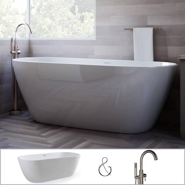 PELHAM & WHITE W-I-D-E Series Woodside 71 in. Acrylic Oval Freestanding Bathtub in White, Floor-Mount Single-Post Faucet in Nickel