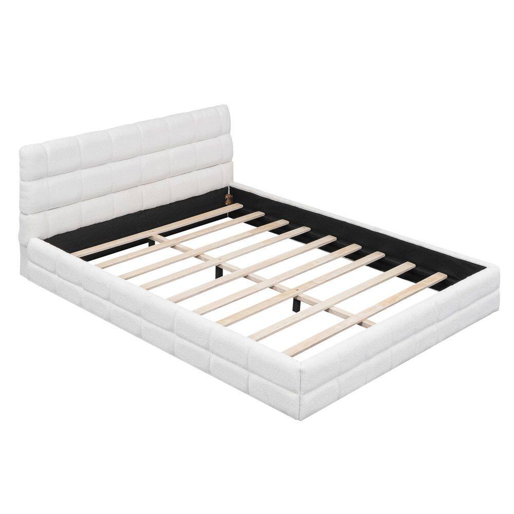 Black Wood Frame Queen Size Berber Fleece Fabric Upholstered Platform Bed, Grounded Bed - thumbnail 5
