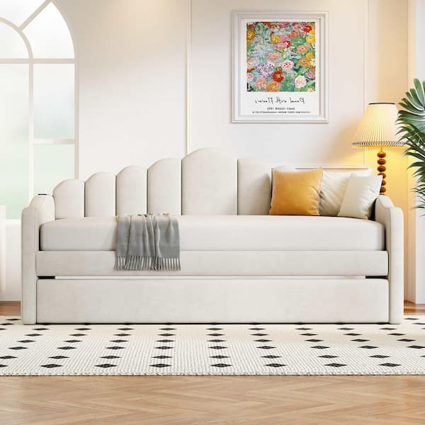 Beige Twin Size Daybed with Trundle, Velvet Sofabed with USB Charging Ports