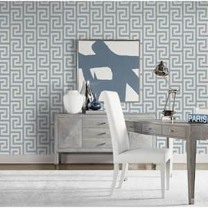 60.75 sq. ft. Coastal Haven Blue Lake Luna Retreat Greek Key Embossed Vinyl Unpasted Wallpaper Roll