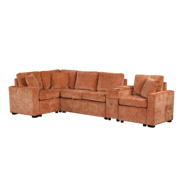 Luxury Collection 120.5 in. Square Arm 4-Piece L-Shaped Chenille Modular Sectional Sofa Bed in Orange with Storage