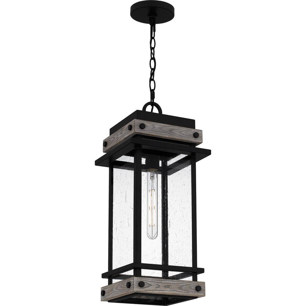 Matte Black Glass and Wood Outdoor Hanging Lantern
