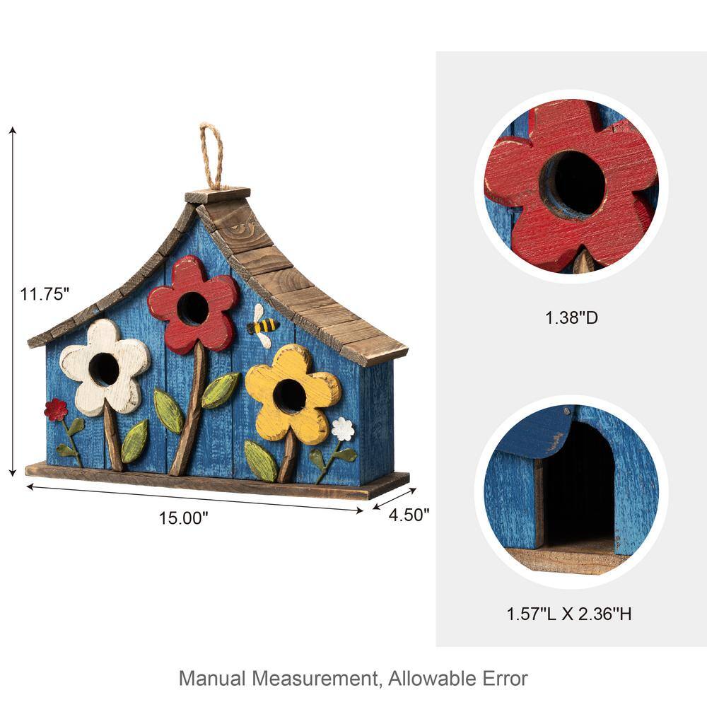 Oversized Blue Wooden Birdhouse with 3D Flowers