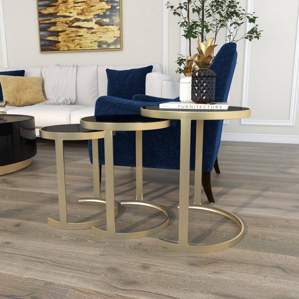 Elegant Gold Metal and Mirrored Glass Round Nesting Tables, Set of 3