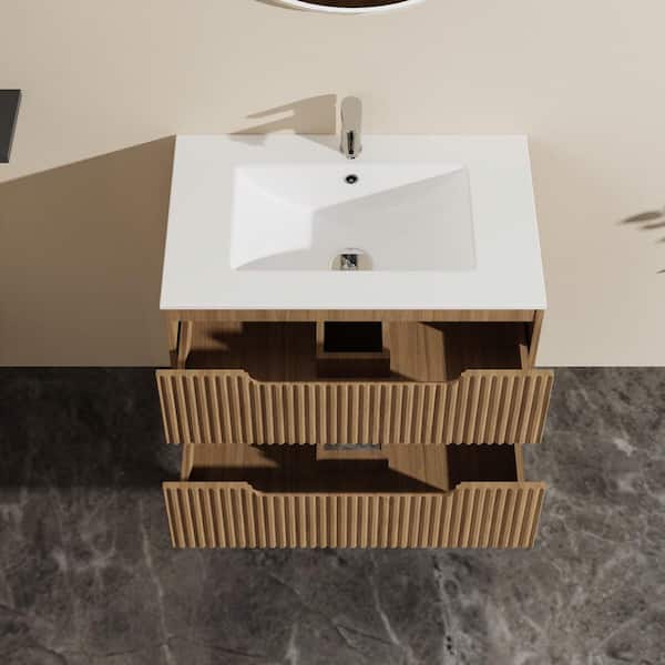 ACE DECOR 30 in. Walnut Floating Bath Vanity with Single White