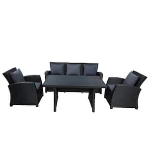 Black 4-Piece Wicker Patio Conversation Set with Dark Gray Cushions
