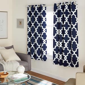 Ironwork Peacoat Blue Woven Trellis 52 in. W x 63 in. L Noise Cancelling Thermal Grommet Blackout Curtain (Set of 2)