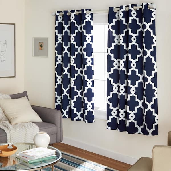 EXCLUSIVE HOME Ironwork Peacoat Blue Woven Trellis 52 in. W x 63 in. L Noise Cancelling Thermal Grommet Blackout Curtain (Set of 2)
