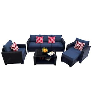 7-Pieces Wicker Patio Conversation Set, Outdoor Couch Sofa Furniture, with Blue Cushions and Coffee Table