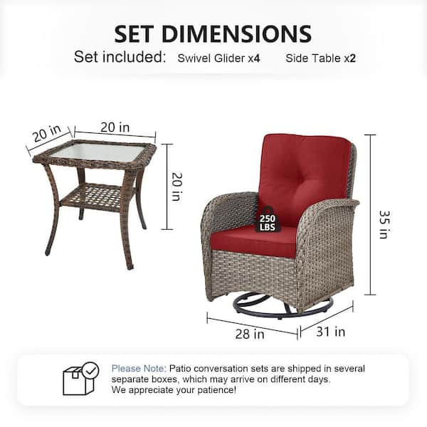 SleekArm 6-Piece Gray Wicker Patio Conversation Set with Olefin Red Cushions Patio Swivel Chairs and Side Table