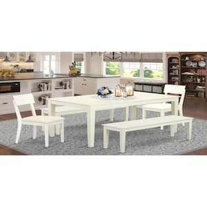 5-Piece Rectangle Linen White Finish Solid Wood Top Dining Table with 2 Benches, 2 Chairs with Lattice Back