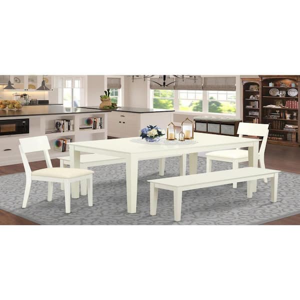 East West Furniture 5-Piece Rectangle Linen White Finish Solid Wood Top Dining Table with 2 Benches, 2 Chairs with Lattice Back