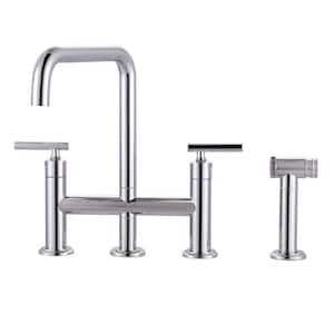 Double Handle Deck Mount Bridge Kitchen Faucet with Side Sprayer in Polished Chrome