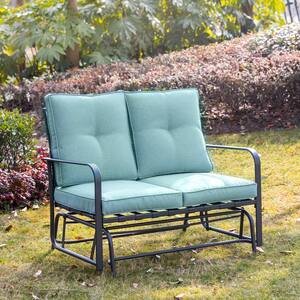 Metal Outdoor Patio Loveseat Glider Chair in Blue Cushion
