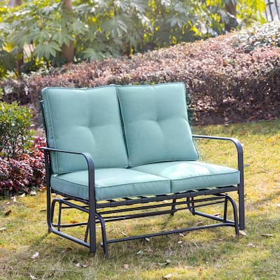 Metal Outdoor Patio Loveseat Glider Chair in Blue Cushion