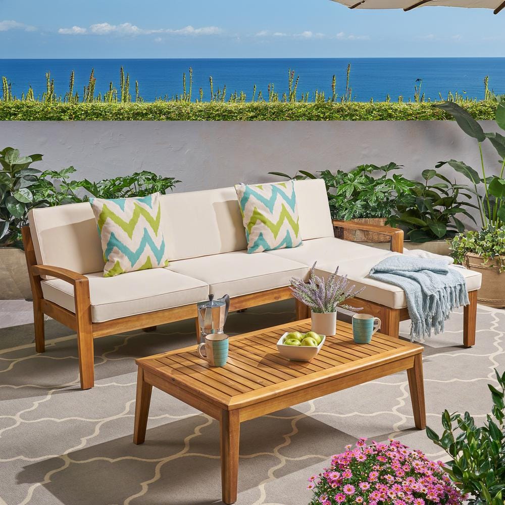 Large L-Shaped Wood Outdoor Sofa with Beige Cushions - Premium Comfortable 